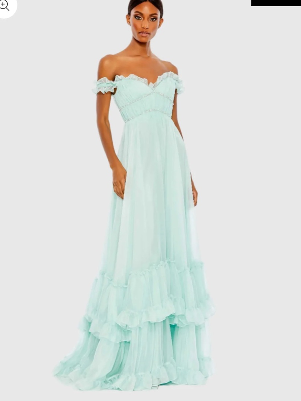 Off-Shoulder Mint Ruffle Chiffon Maxi Dress